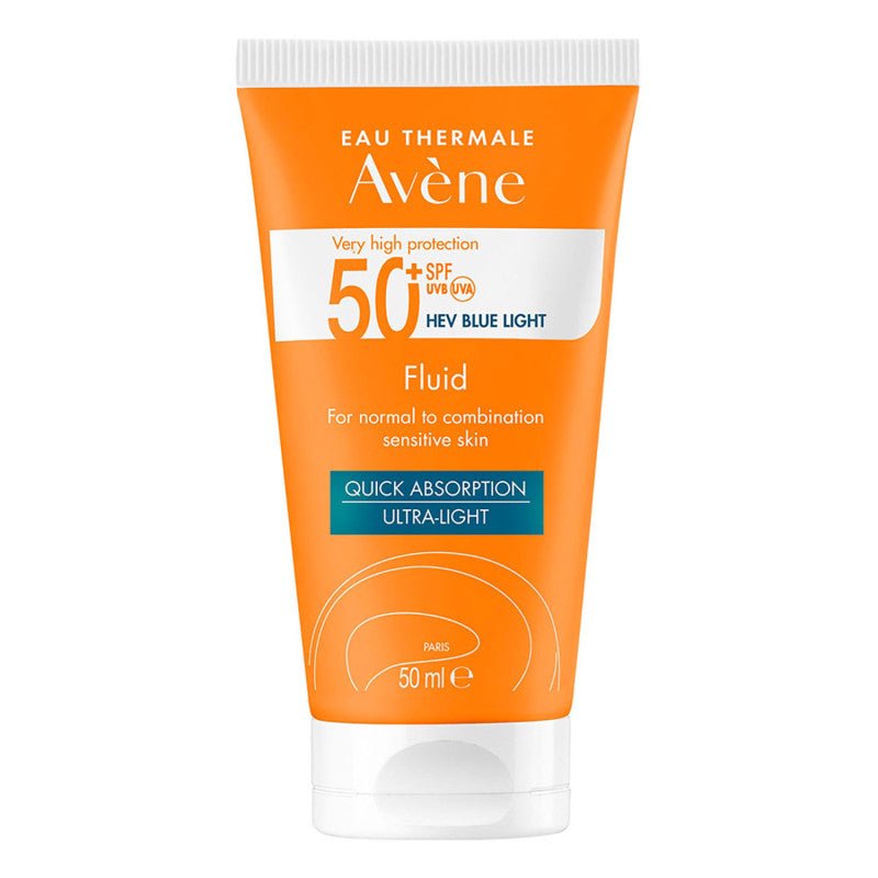 Avene Very High Protection Fluid for Sensitive Skin SPF50+ in 50ml tube, showing the white facial skincare product with blue accents.
