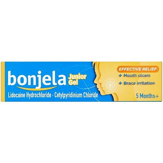Bonjela Junior gel 15g tube, soft applicator, showing the packaging for soothing oral pain relief in children