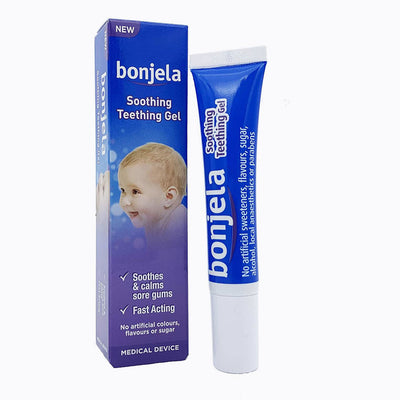 Cured Pharmacy Bonjela soothing teething gel in a 5ml tube, designed to relieve teething discomfort in babies.