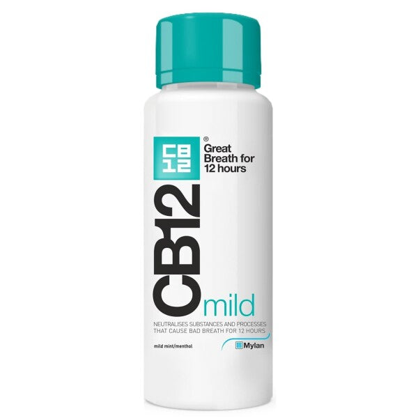 CB12 Green Mild Mint-Menthol Mouthwash bottle, 250ml, with green packaging and label showing mint leaves and mouthwash liquid