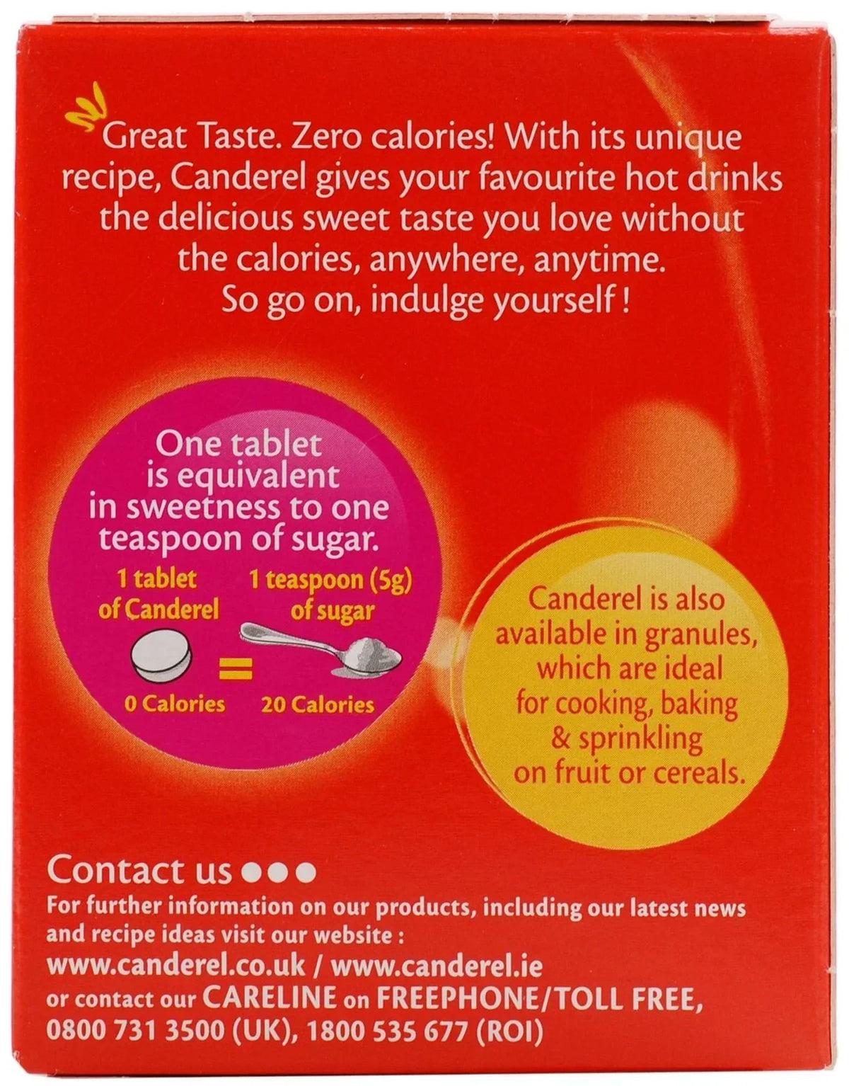 Canderel refill pack with 500 tablets, showing the box with blue and white branding and individual tablets inside.