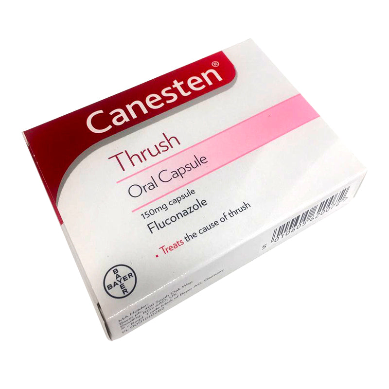 Canesten Oral Capsule 150mg for thrush treatment, showing the blister pack with capsules and packaging.