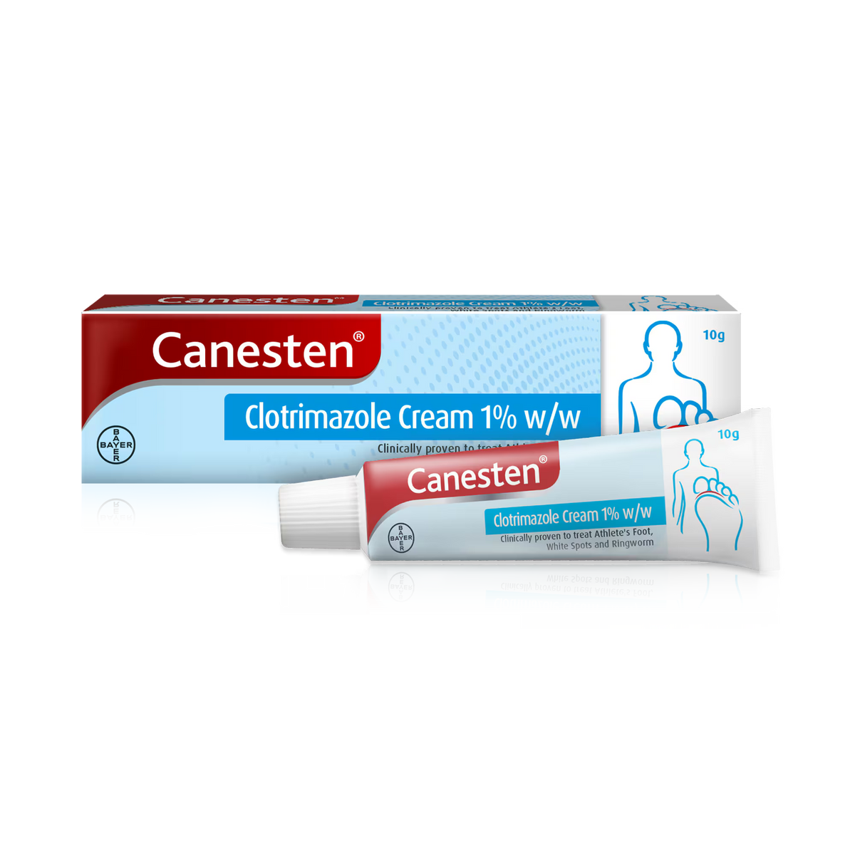 Canesten Athlete's Foot 1% cream tube with white and blue packaging, showing the Canesten brand logo and product label.