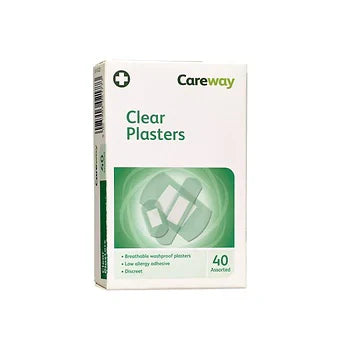 Assorted Careway Clear Plasters by Cured Pharmacy displayed in a box with 40 transparent adhesive bandages for wound care.