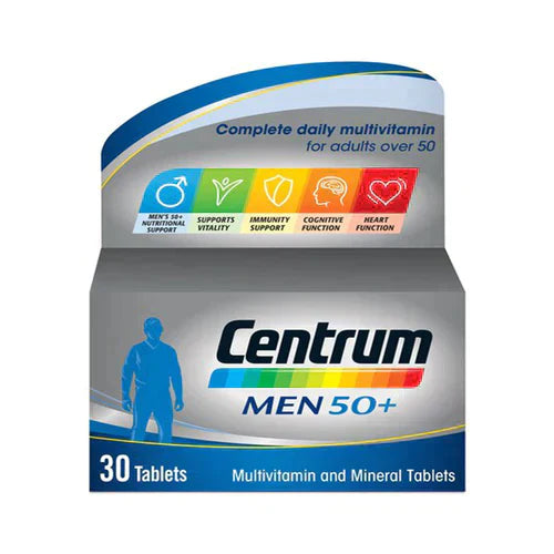 Centrum Men 50+ multivitamins and minerals bottle with 30 tablets, dietary supplement by Cured Pharmacy.