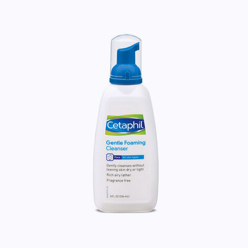 Cetaphil Gentle Foaming Cleanser in 236ml bottle, creamy foam cleanser for sensitive skin, displayed on a white background.