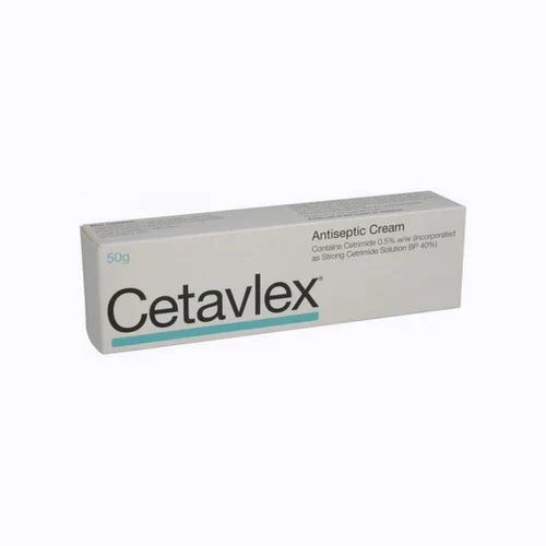 Cured Pharmacy Cetavlex Antiseptic Cream 50g tube with a white cap and label, suitable for skin antiseptic use.