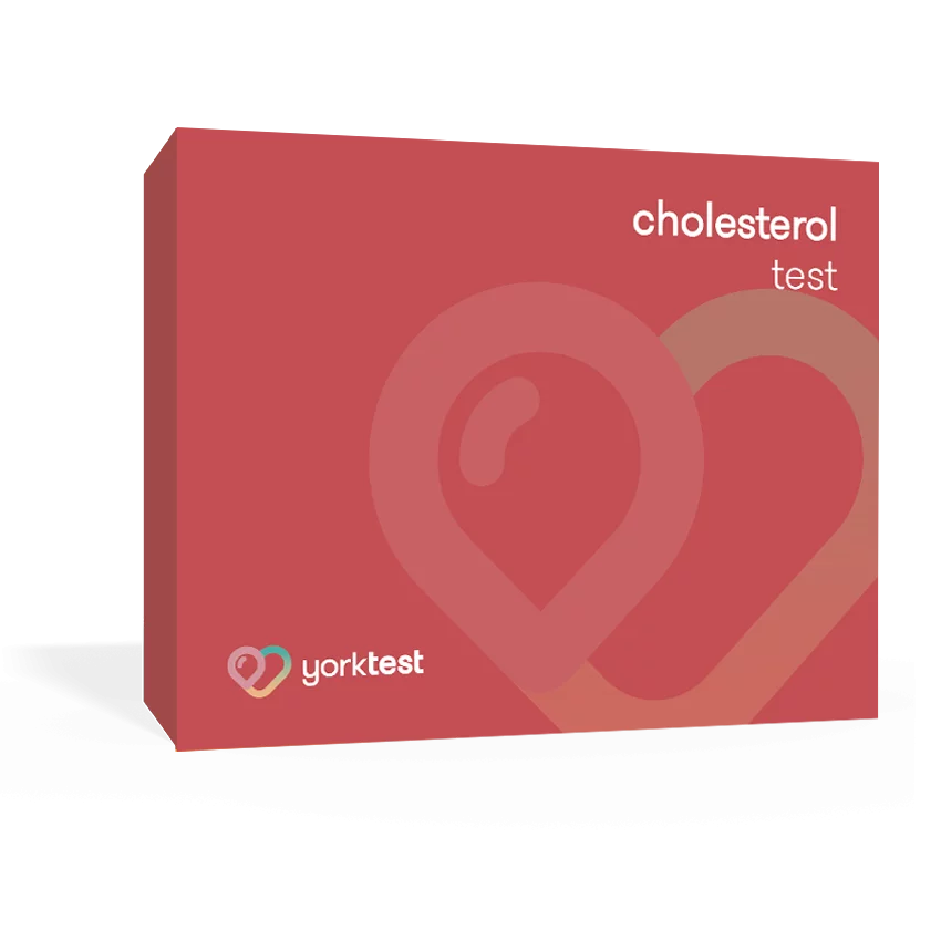 Yorktest cholesterol test kit box with instructions and testing supplies for at-home cholesterol level measurement