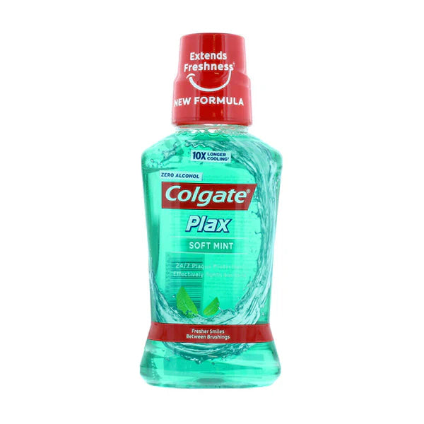 Colgate Plax Soft Mint alcohol-free mouthwash in a 250ml bottle with green liquid and label showing fresh mint flavor.