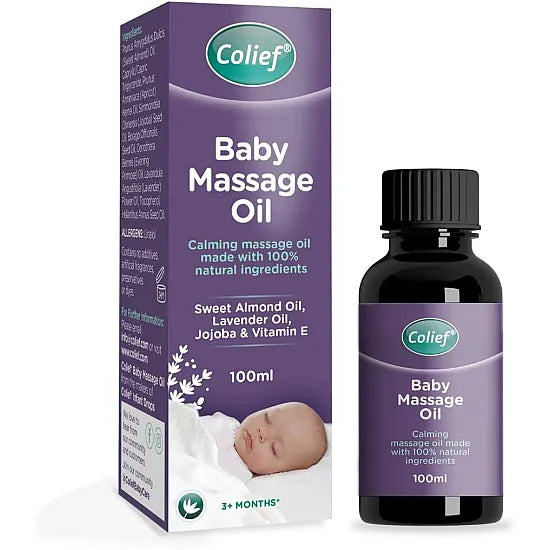 Cured Pharmacy Colief Baby Massage Oil Lavender 100ml bottle with lavender flowers and massage cap, suitable for gentle baby skin care.