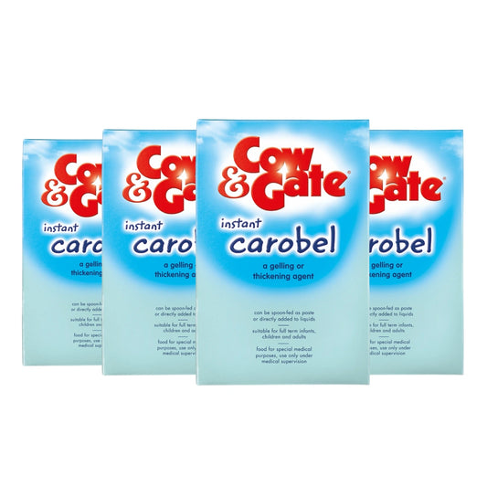 Cow & Gate Carobel Instant 135g baby feeding thickener in a plastic jar with a scoop, ready for infant formula or food.