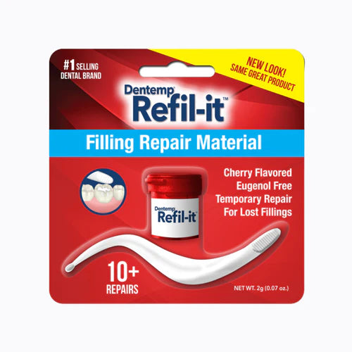 Cured Pharmacy Dentemp Refil-it filling repair material for dental repairs, shown in its packaging.