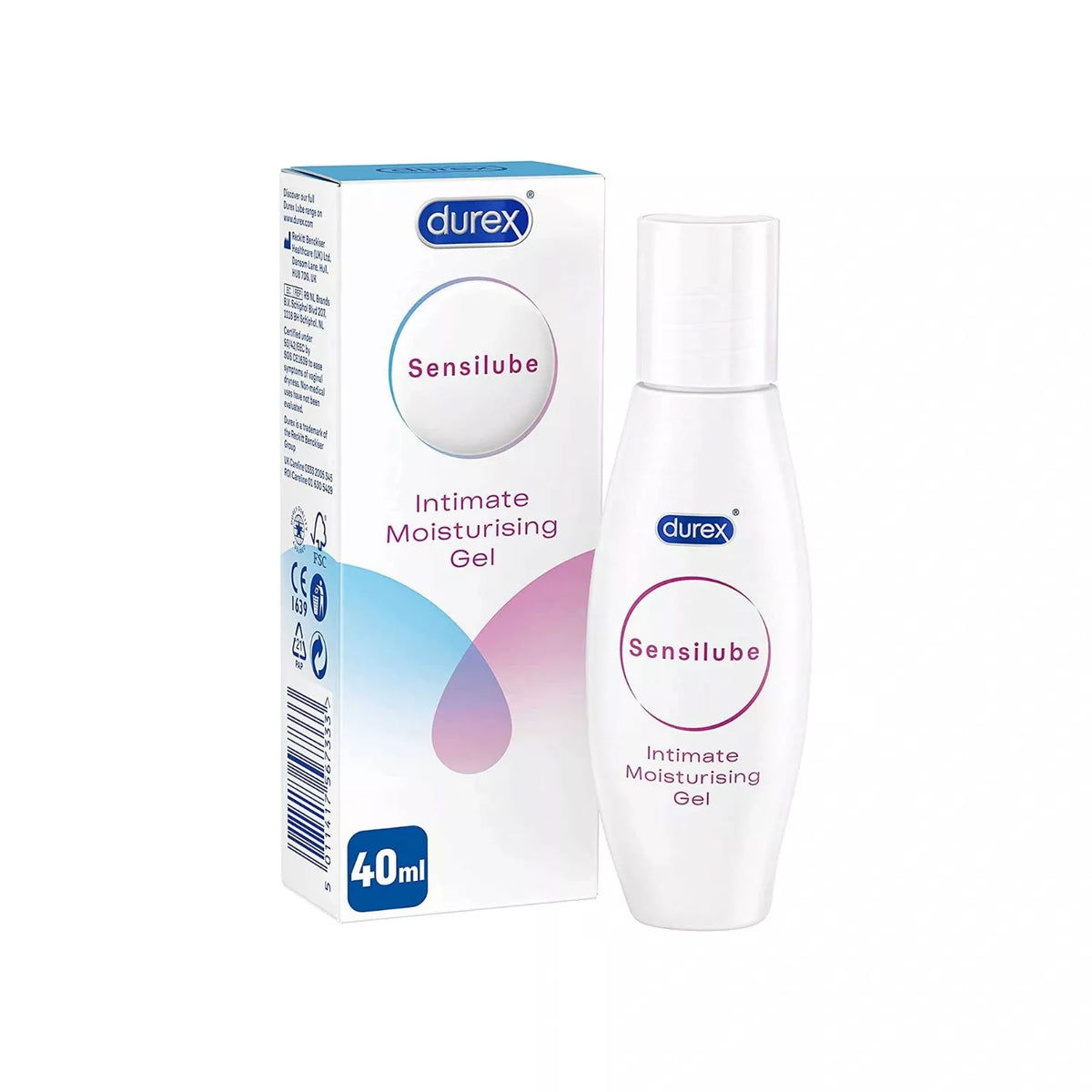 Durex Sensilube 40ml intimate moisturizing gel bottle showing label and clear gel inside a transparent container