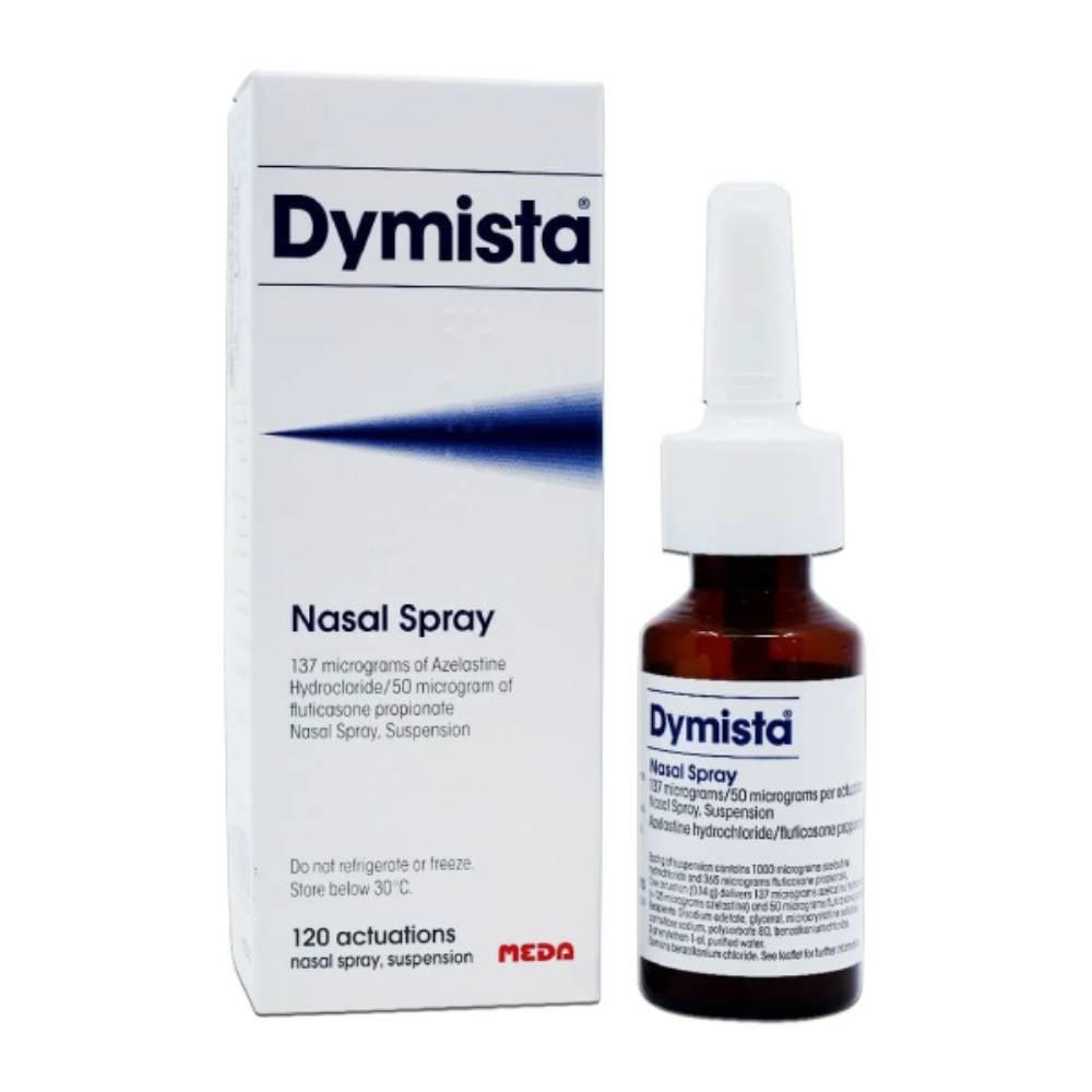 Dymista nasal spray bottle by Cured Pharmacy with packaging and spray nozzle for allergy relief.