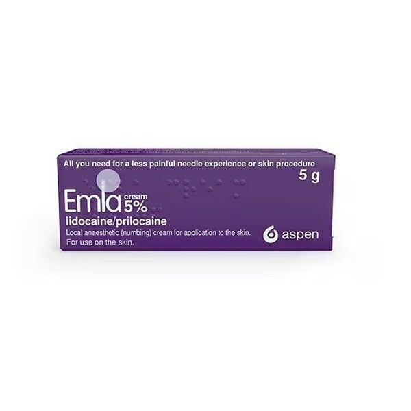 Emla 5% Numbing Cream by EMLA, tube of topical anesthetic cream for skin numbing, shown with no dressings on the packaging.