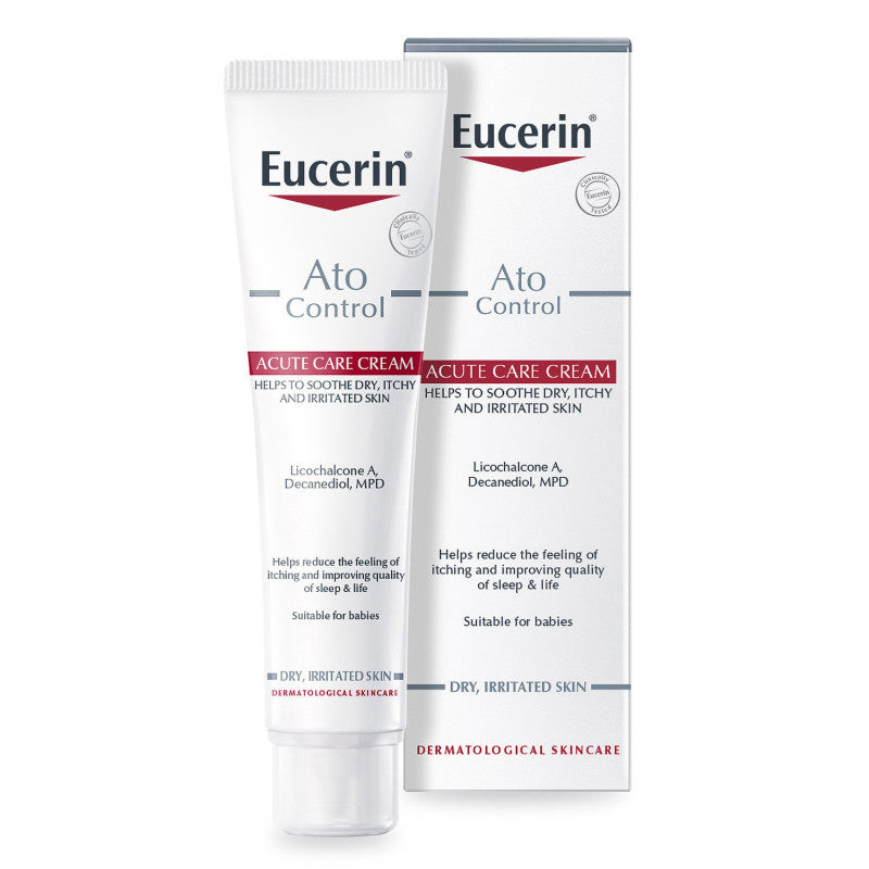 Eucerin AtoControl Acute Care Cream 40ml tube with white and blue packaging, designed for sensitive skin relief.