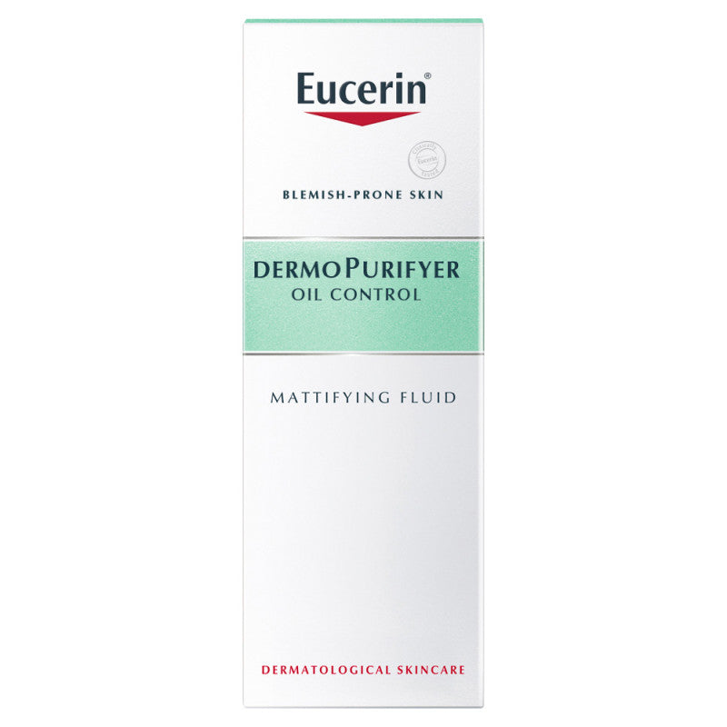 Eucerin Dermo PURIFYER 8 Hour Mattifying Fluid 50ml bottle, lightweight skincare product for oil control and shine reduction