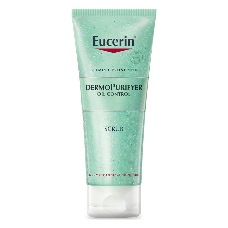 Eucerin Dermo PURIFYER Scrub in 100ml tube with textured exfoliating surface for deep cleansing and gentle skin exfoliation