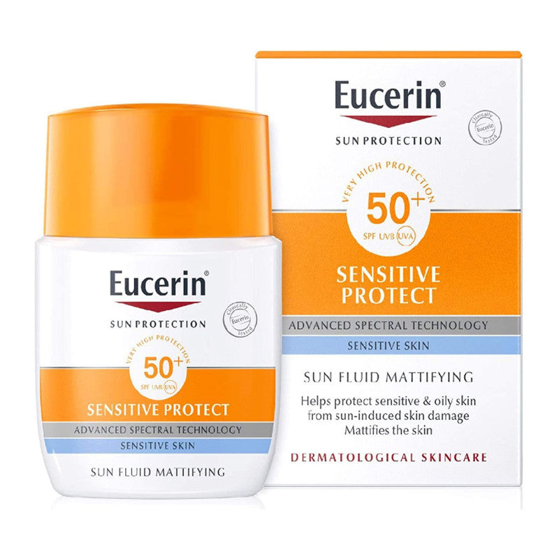 Eucerin Sensitive Protect Sun Fluid SPF 50 in 50ml bottle, showing the sunscreen tube with protective cap and product label.