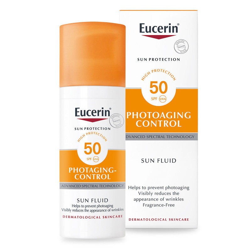 Eucerin Sun Fluid Anti-Ageing Face SPF50, 50ml bottle, lightweight sunscreen with anti-aging benefits for sensitive skin