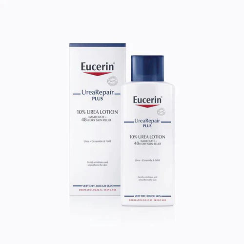 Eucerin UreaRepair Plus 10% Urea Lotion for dry skin, 250ml bottle, showing the moisturizing body lotion with product label.