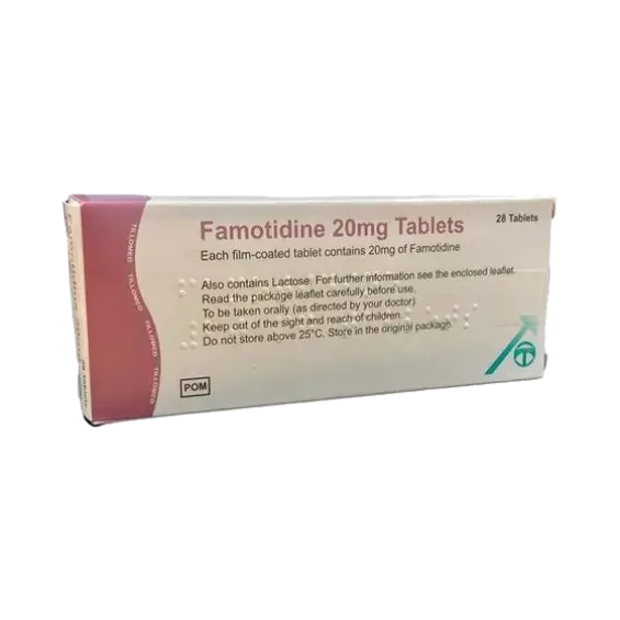 Cured Pharmacy Famotidine tablets in 20mg and 40mg doses, showing blister packs of medication for acid relief treatment.