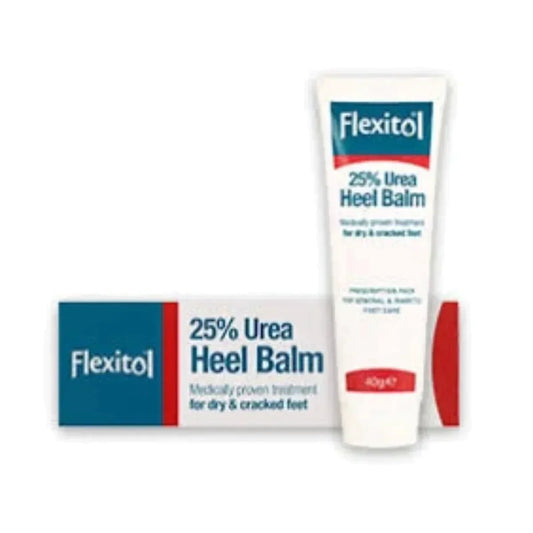Flexitol 25% Urea Heel Balm in 200g container, featuring a white and blue tube with a screw cap for soothing dry, cracked heels.