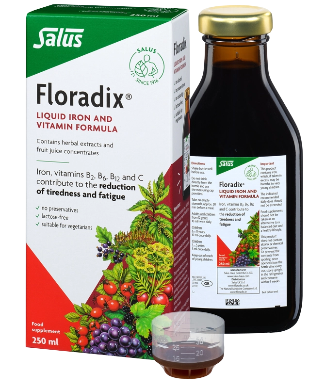 Floradix Liquid Iron and Vitamin Formula bottle with label, showing the product's packaging and branding.