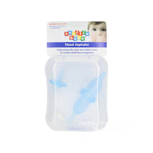CuredPharmacy Snufflebabe Nasal Aspirator for infants, showing clear silicone tip and easy-to-hold handle in a close-up image
