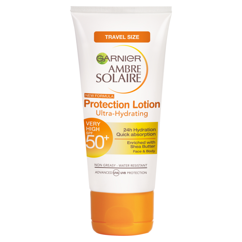 Garnier Ambre Solaire Hydra 24 Hour Protect SPF50+ sun protection lotion 50ml, creamy formula in a white bottle with blue accents
