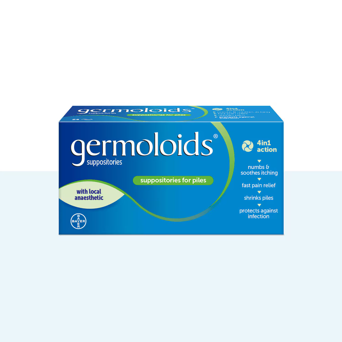 Germoloids haemorrhoid and piles treatment suppositories by Cured Pharmacy, showing a 24-pack box with suppositories for relief.