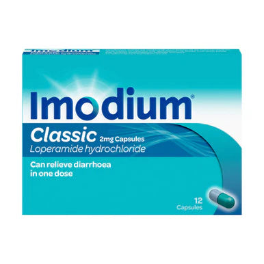 Imodium Original 2mg capsules in a blister pack, designed to relieve diarrhea, produced by the Imodium brand.