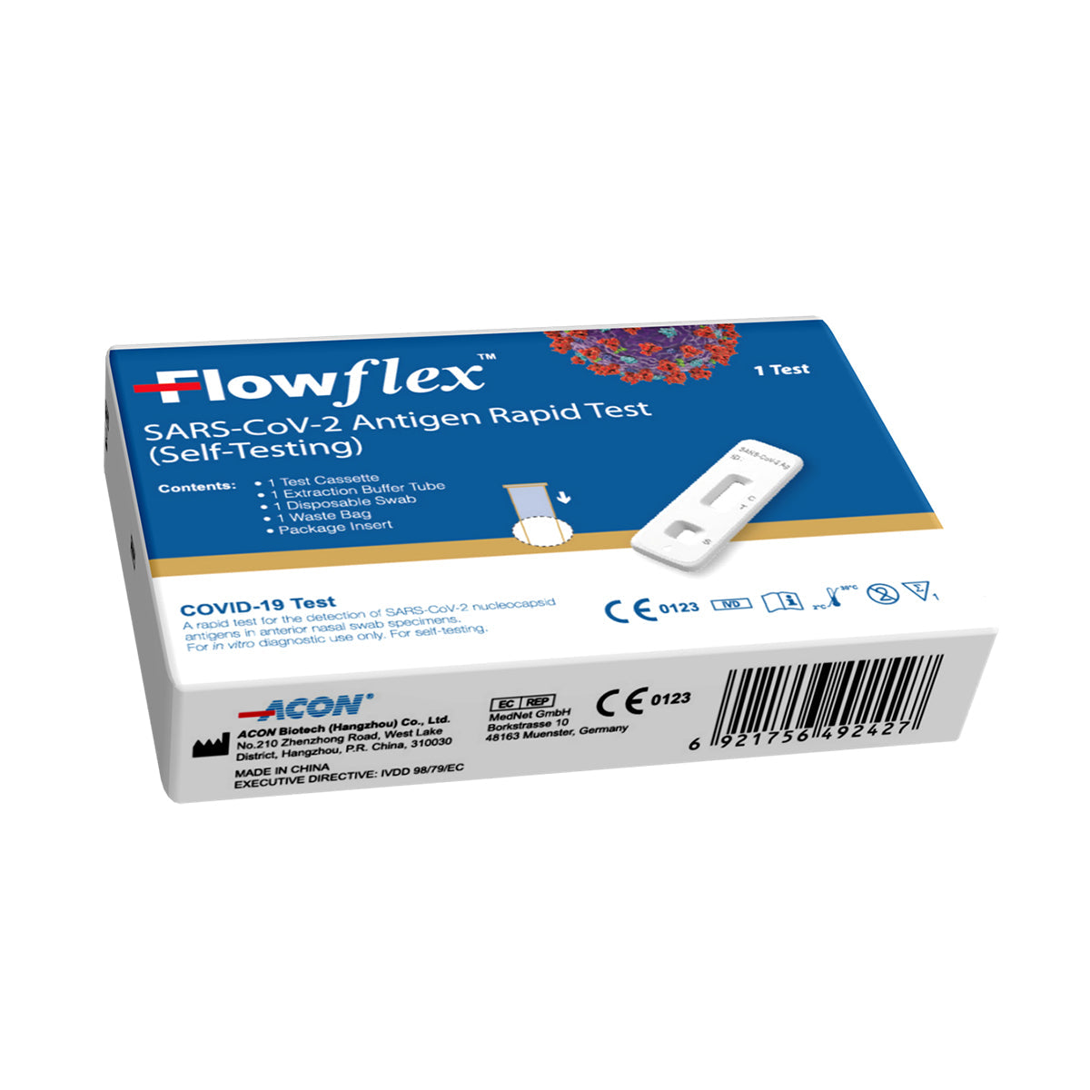 FlowFlex Antigen Rapid Covid Test kit by Cured Pharmacy, featuring a test cassette, swab, and buffer solution for quick results.