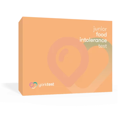 Junior Food Intolerance Test kit by YorkTest, featuring testing strips and instructions for identifying food sensitivities in children.