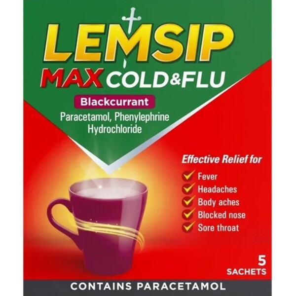 Lemsip Max Cold and Flu Blackcurrant Sachets box showing five sachets for relief of cold and flu symptoms.