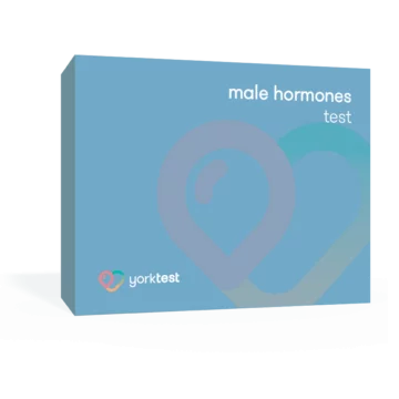 Yorktest male hormones test kit showing a sealed box and testing materials for hormone level analysis.