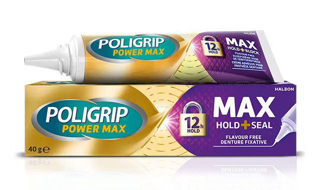 Close-up of Poligrip Max Seal Denture Fixative container showing the product label and branding.