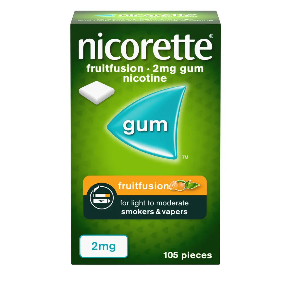 Nicorette Fruitfusion 2mg gum in a blister pack, showing colorful packaging and fresh fruit imagery for smoking cessation support.