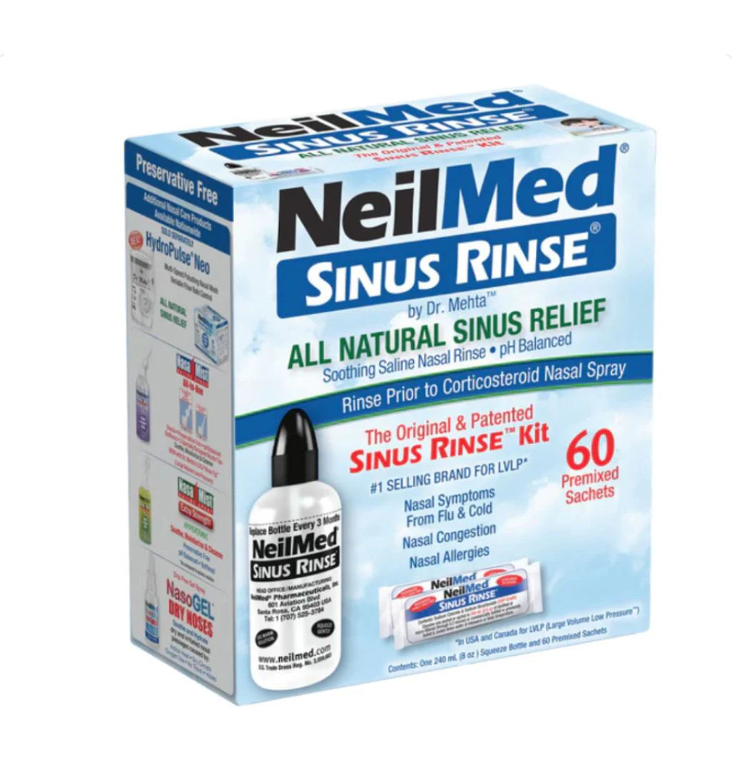 Neilmed Sinus Rinse kit with 60 premixed sachets shown, designed for nasal irrigation and sinus relief.