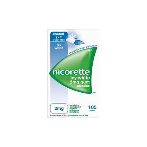 Pack of Nicorette Icy White 2mg sugar-free nicotine gum, showing individual gum pieces in a 105-pack box.