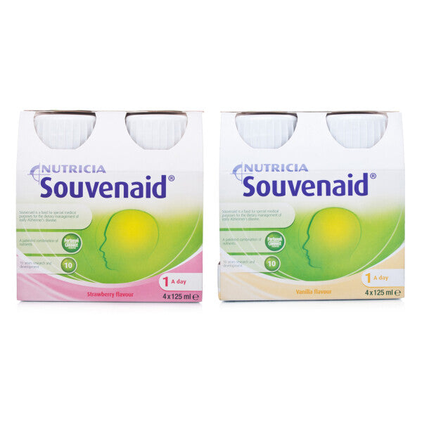 Mixed case of Nutricia Souvenaid vanilla and strawberry flavor drinks with 72 bottles in three cases, by CuredPharmacy.