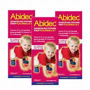 Bottle of Abidec Advanced Multivitamin Syrup in a 150ml container, showing the label and cap on a white background.