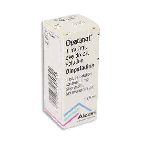 Opatanol Olapatadine eye drops in a 5ml bottle, used for allergy relief, with clear packaging and dropper cap visible.
