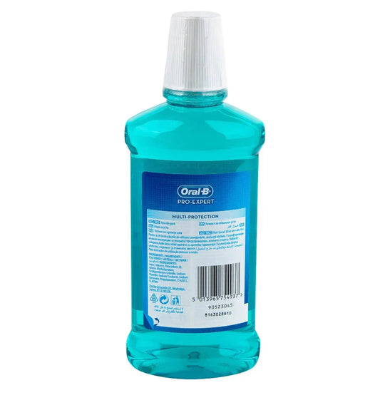Oral-B Pro-Expert alcohol-free Clean Mint mouthwash in a 500ml bottle, featuring a clear label and mint flavor.