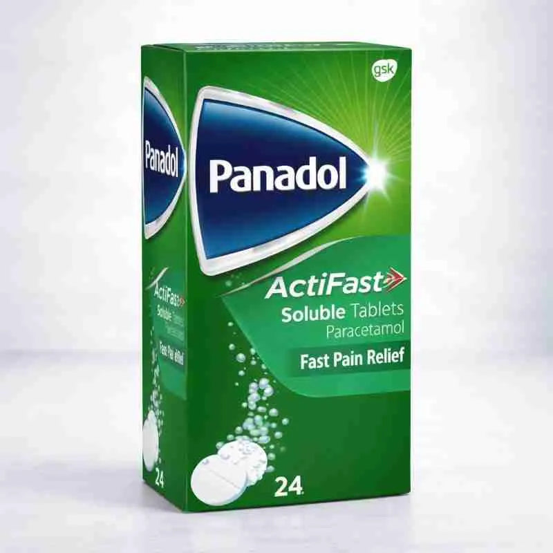 Panadol ActiFast soluble tablets with 500mg paracetamol, showing a blister pack of 24 tablets for fast relief.