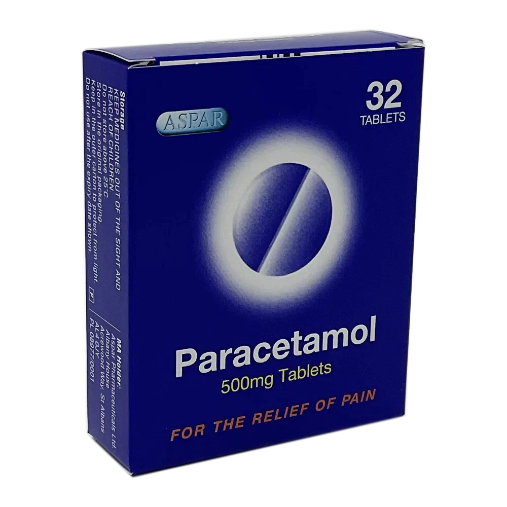 Full pack of My Store Paracetamol 500mg tablets in blister packaging, showing multiple white tablets inside a box.