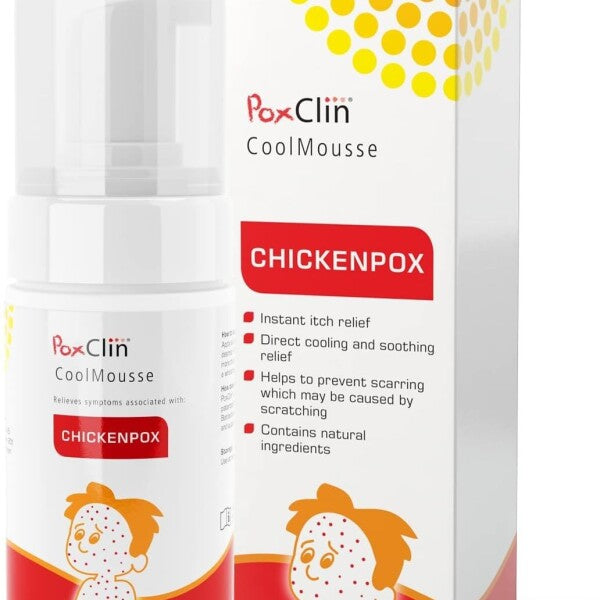 CuredPharmacy PoxClin Cool Mousse for children with chickenpox, 100ml bottle with applicator and label visible.