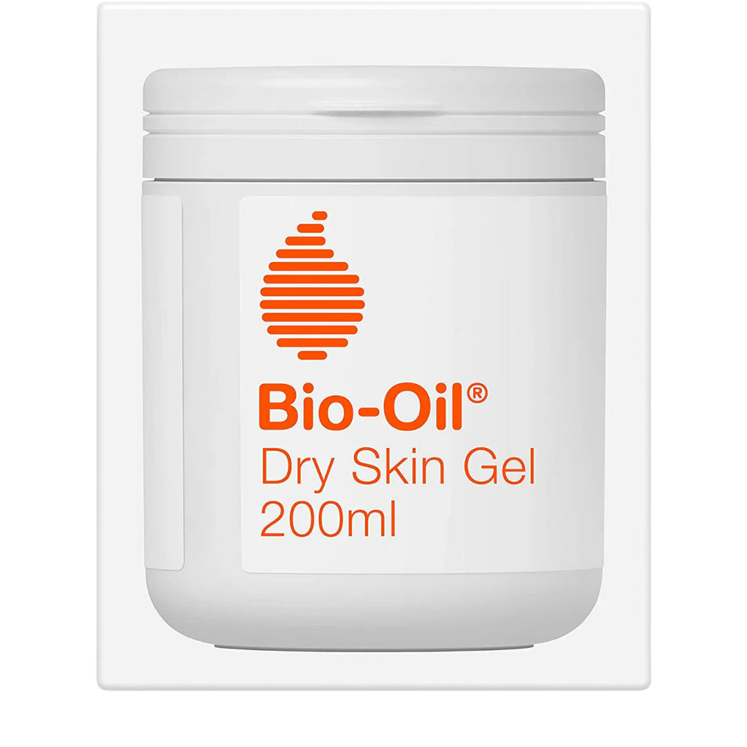 Cured Pharmacy Bio-Oil Dry Skin Gel in a sleek tube, designed for nourishing and hydrating dry, flaky skin.
