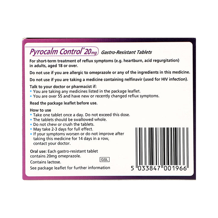Back view of Pyrocalm 20mg blister pack by Cured Pharmacy, showing medication tablets in packaging.
