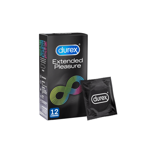Durex Extended Pleasure condom pack with 12 condoms, featuring textured design for enhanced stimulation